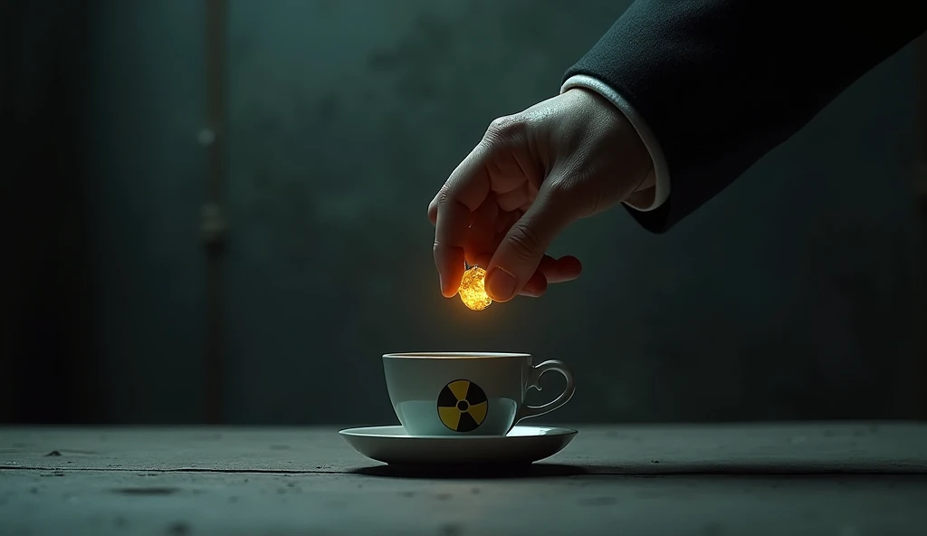  a cup in the right corner of the screen with one hand placing a radioactive element inside the cup, with a darker background 