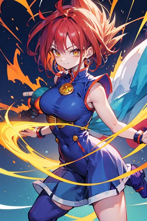 dragon ball, cute saiyan girl, little young, crimson hair, yellow eyes, , smile, electricity, aura, energy, focus on face, vegeta blue combat outfit