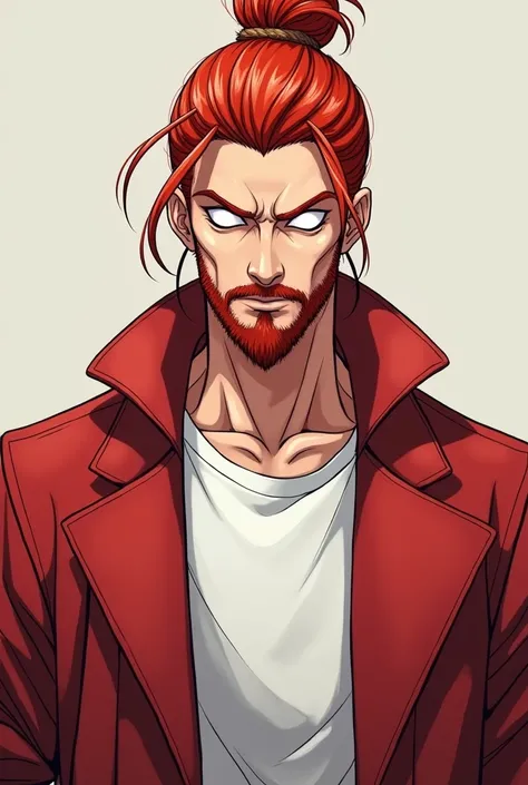 Make a red-haired man with a bun and medium beard and totally white eyes and no pupil wearing a white t-shirt and a basic red overcoat.  anime style  