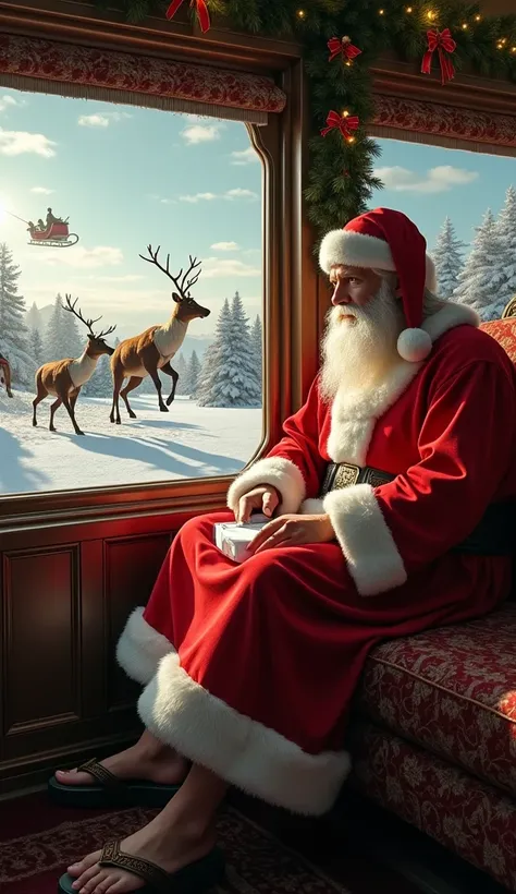 Jesus wearing biblical clothes in a train with Santa Claus ,  and with the reindeer pulling the sleigh going to the rens homes delivering presents 