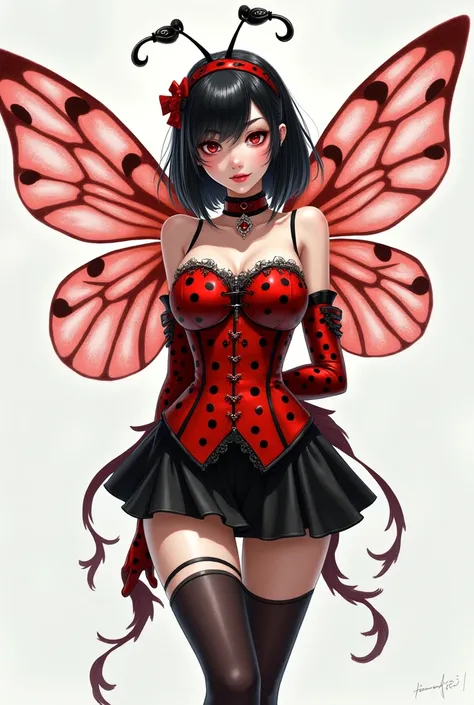  Create an image of a woman wearing a red corset with black polka dots, black mini skirt, knee-length black tights ,  black hair with bangs, Using round ladybug wings,  insect antenna headband ,  Showing the full body  