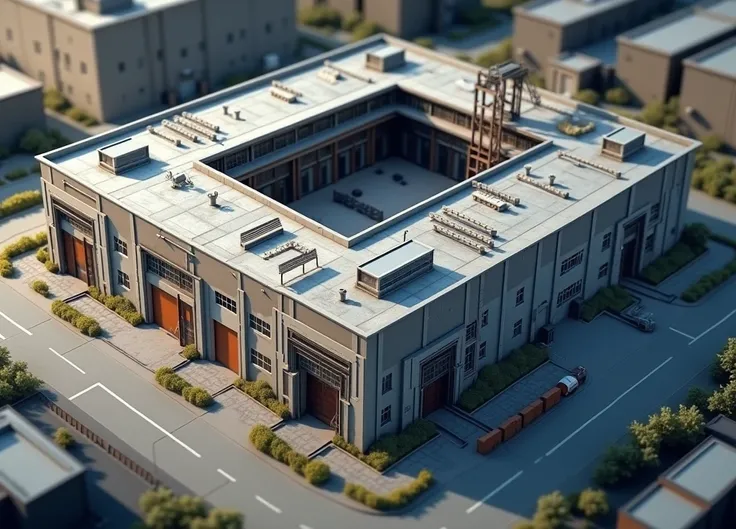 Realistic L-shaped factory model with roof and drop back and forth