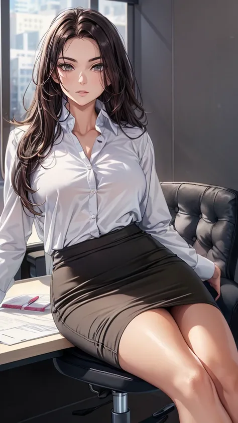 beautiful business woman sitting in a chair, looking at viewer, solo focus, long hair, (dark brown hair), (white collar shirt), (black midi pencil (skirt)), slim body, wide hips, (lower body), office room, desk, 