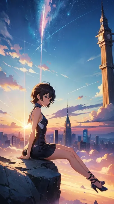 Anime girl sitting on a rock and looking at the sky,In the distance there is a tower reaching up into the sky, Shinkai Makoto cyril rolando,  Anime Art Wallpaper 4K,  Anime Art Wallpaper 4K,  Cyril Rolando and Goro Fujita, Anime Art Wallpaper 8K, 4k anime ...