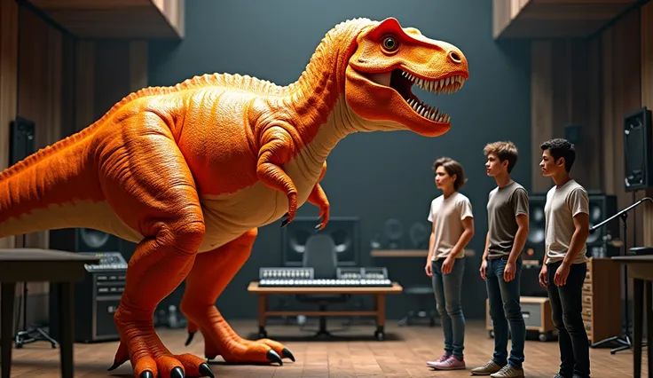 Orange T-rex dinosaur talking to three people in a recording studio  