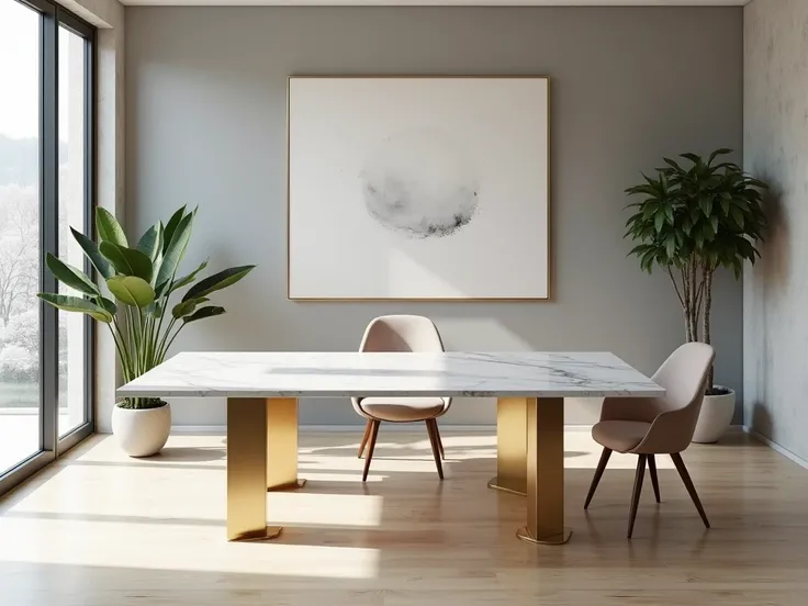 " A modern and minimalist space illuminated with natural light that enters through large glass windows. in the center,  a contemporary design table made of white marble with gray veins ,  supported by golden metal legs with clean lines ,  completely unclut...