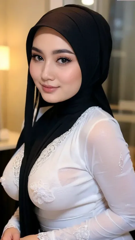 flirting eyes,Super fine face, double eyelids,((Realistic lighting, Best quality, 8K, Masterpiece: 1.3, hyper realistic)), Beautiful, cute baby Face, indonesian muslim girl, wearing see through hijab, full hijab, sexy nude long sleeves lace see through keb...