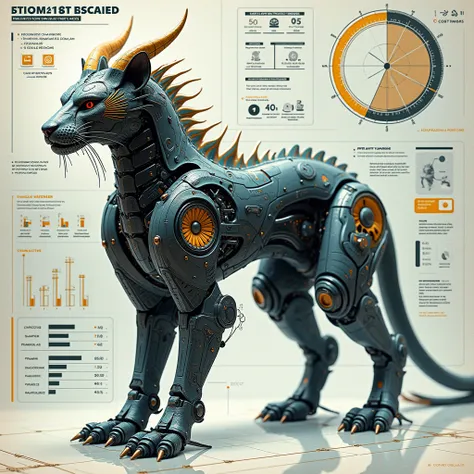 Ultimate evolution hybrid cyber animal, in infographic data, unusual of dragon hunting lion , beautiful cat long scale creature, intricate proprtional fusion body parts, realistic