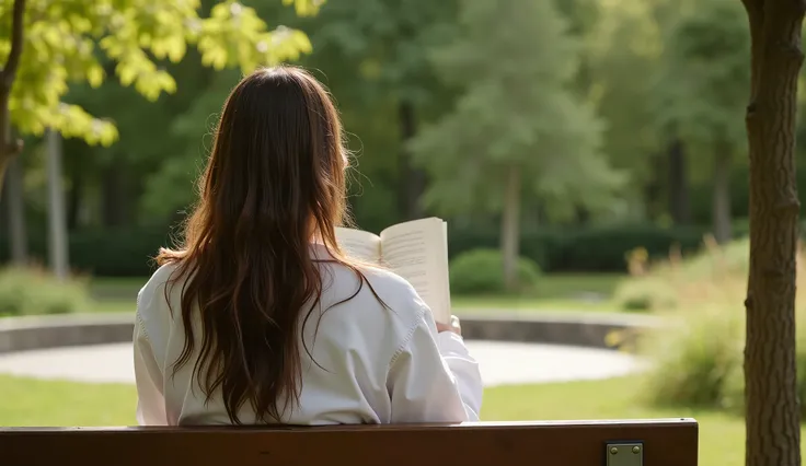 "Arions view towards the park bench , where Elira with long wavy hair and wearing a white shirt sits reading a book.  Elira looks relaxed and unaware of Arions existence .  The soft light of the afternoon sun illuminates her face ,  adds peace .  Scenes se...