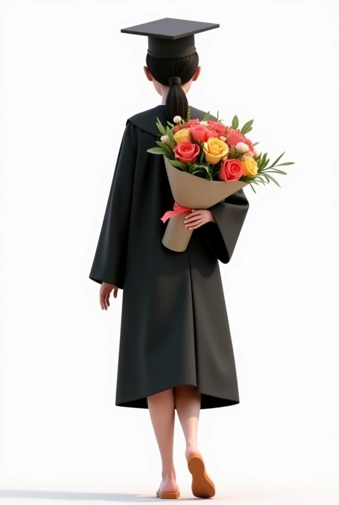 Make me a slightly realistic animated woman with her back who wears a graduation gown and cap with a bouquet of flowers in her hand and with a white background that is on her back and that her feet cannot be seen
