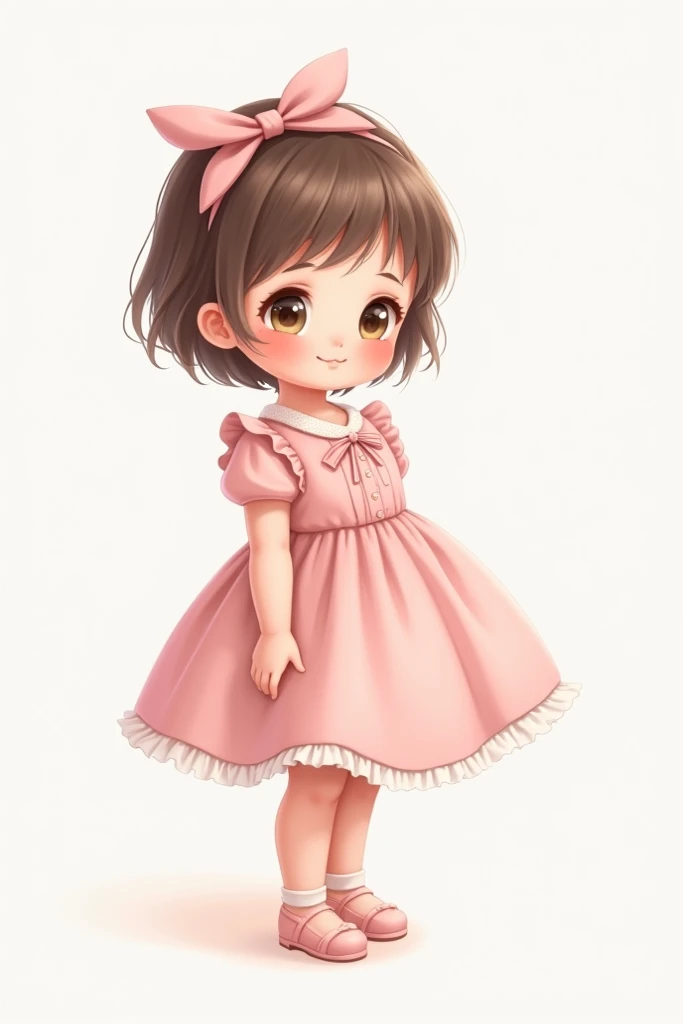  Beautiful little baby with a pink ribbon bow on her head , pink dress, she is standing , The white photo background .