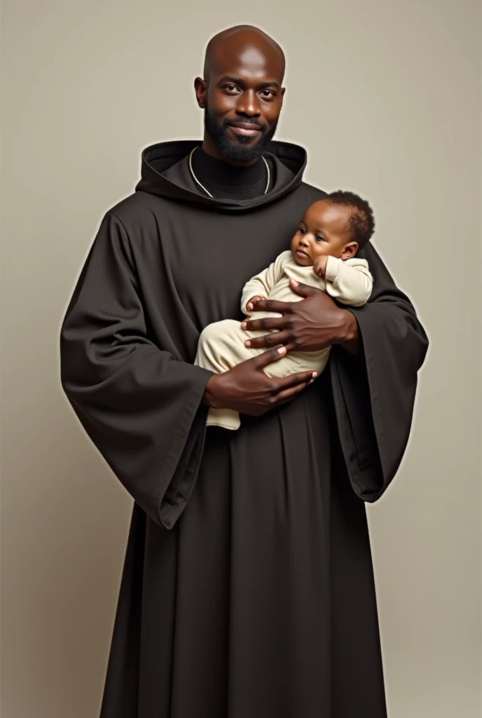 generate an image of Saint Benedict, a black man, the appearance of a 50-year-old bald man with hair above his ears around his head, he is dressed in a friars robe and is holding a baby in his arms, he is standing, in ultra HD 8k