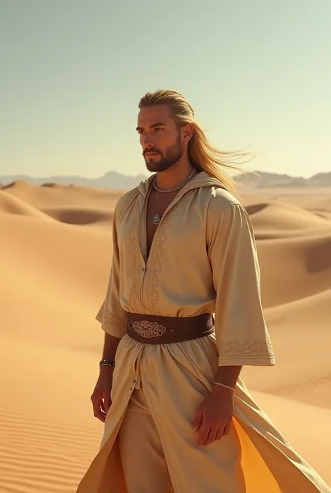 1 male bard, long lush blonde hair, he is clean shaved, he is extremly handsome, he is wearing a simple beige caftan, 26 years old, desert background