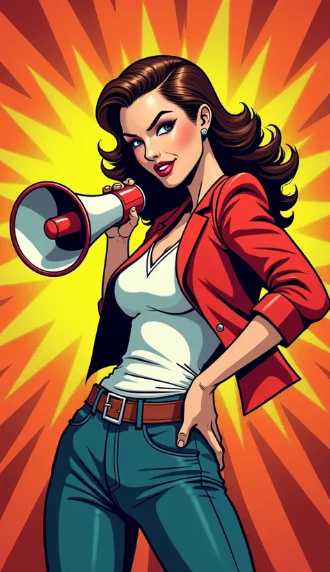 image adult woman. comic book style. with a discreet smile with a BULL horn. IMAGES WITH VIBRANT COLORS.