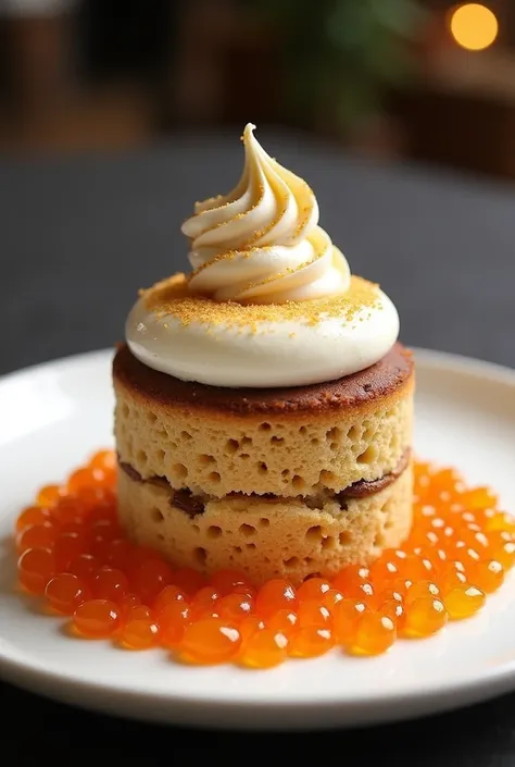 Gourmet cake with champagne foam on top and orange caviar around the plate