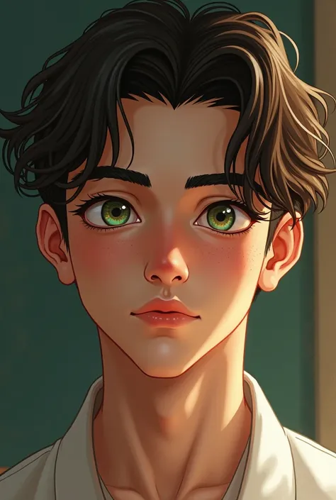 Young man Italian Japanese , with slanted eyes , light brown hair wavy to the left, green eyes and freckles