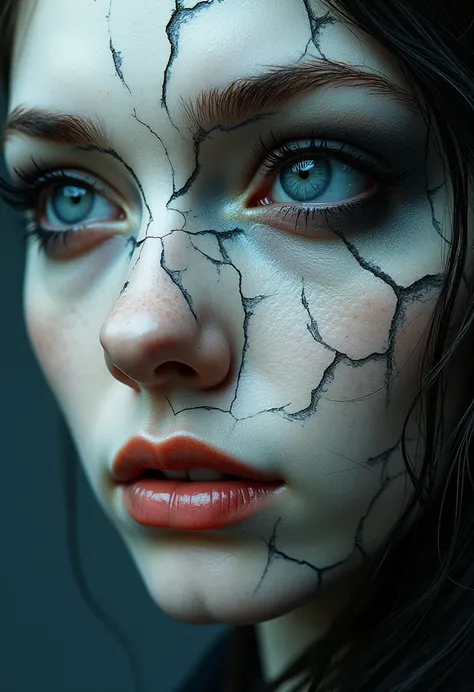 a close up of a painting of a womans face with a broken face, cracked porcelain face, fragmented, abstract portrait, nicolas delort, surreal dark art, stefan gesell, shattered, dark schizophrenia portrait, inspired by Igor Morski, shattered abstractions, b...