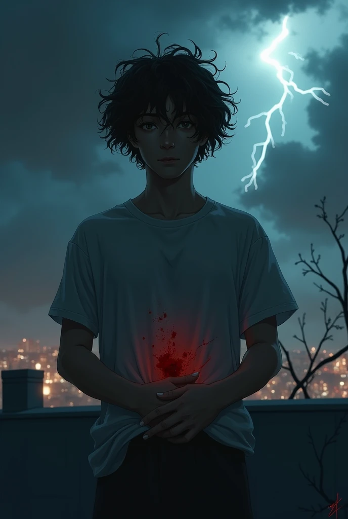   white boy with curling hair   ,Nathe Drake clothing  , with a gunshot wound in the stomach that his hands cover the wound , his forehead with a little blood that is under a storm on a roof that is at night and there are rays in the sky