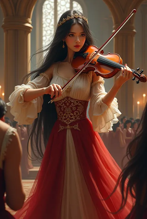 a noble girl in the kingdom era who has long black hair and hazel eyes. she is a violinist.