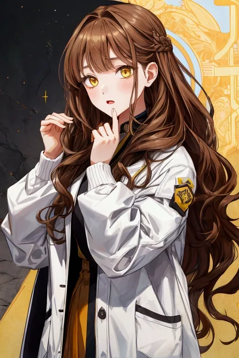 I girl, wink, speaking beautifully, yellow eyes and long brown hair, wearing a white jacket, front view