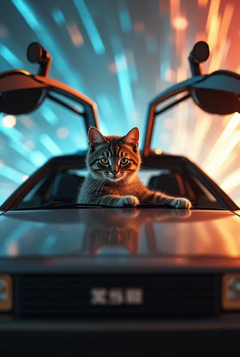 Cat, back to the future, time traveler, ride in time machine, delorean, background different dimension, Realistic