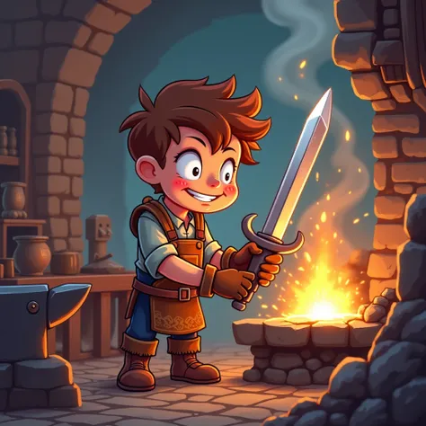 cute blacksmith making sword in progress cartoon