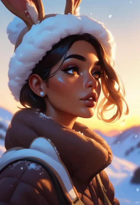 Older adult male, dark brown skin, freckles, tawny bunny ears on hat, wearing casual winter clothes, femboy, in the snow, mature face, staring at the sky in awe, dynamic lighting, sunset, score-8