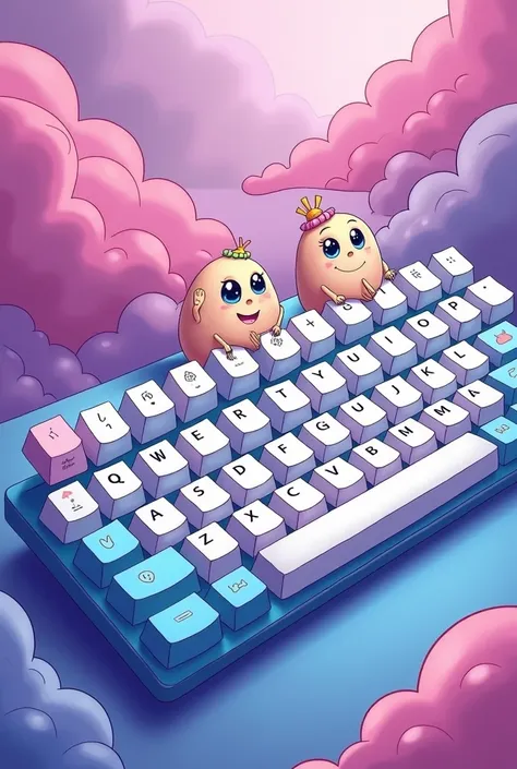 A cartoon image of a qwerty keyboard displayed in full. With the colours: White, purple, pink and blue.