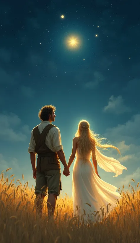 " A simple shepherd in rustic clothing holding the hand of a radiant goddess, both looking up at the stars ,  surrounded by wheat fields illuminated by moonlight ."