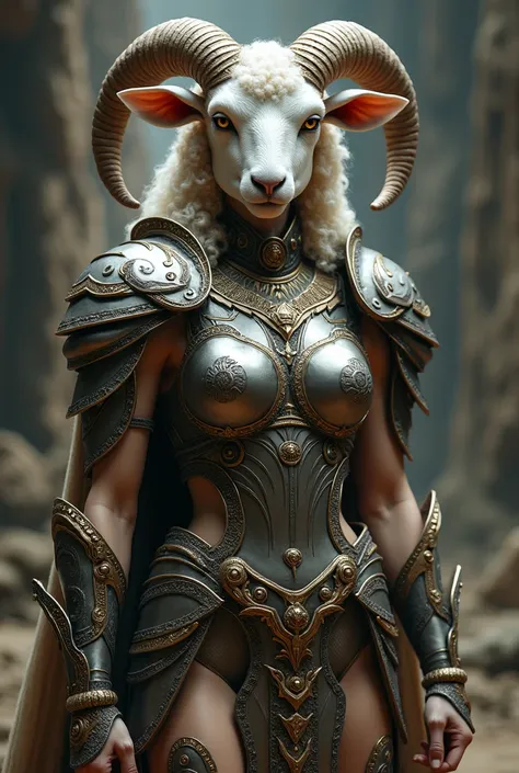 A beautiful full-body woman, muscular, the armor of a warrior gladiator with the face of a sheep 