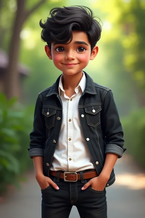 A  Indian boy in white shirt and black denim jacket 