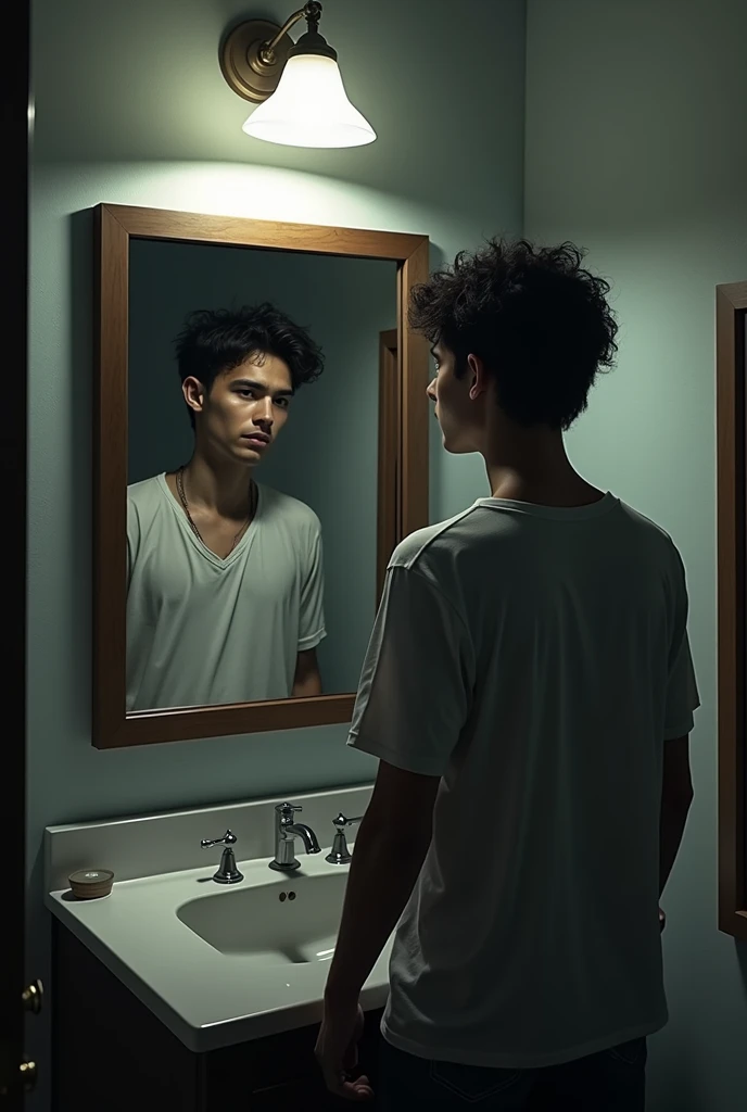 A young man is seen looking at himself in the mirror