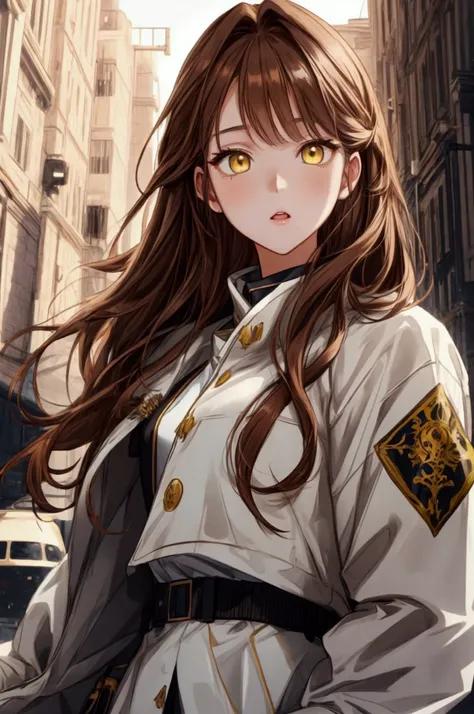 I girl, wink, speaking beautifully, yellow eyes and long brown hair, wearing a white jacket, front view