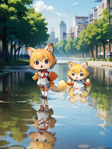 masterpiece，((The city reflected on the surface of the water))，cute，Chibi character，Baby kitsune，，