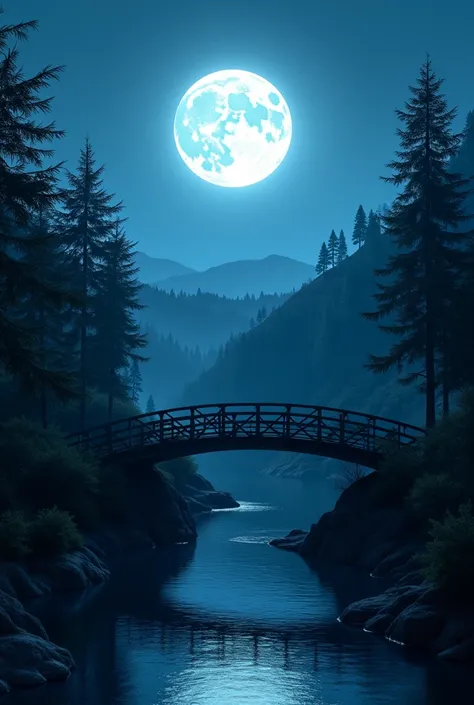 Full moon night showing a bridge on hill river woods