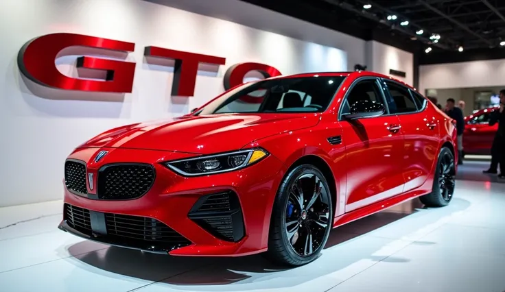 A full attractive hd photo of new 2025  pontiac GTo red color of exterior. A white shiny showroo red ground logo on the wall. A car with front right side of vehicle.