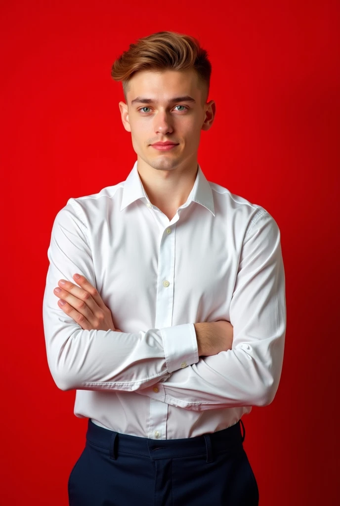 Highly realistic photo of a Russian 18-year-old guy with green eyes and a short model haircut with honey-colored chestnut hair, dressed in a white stylish shirt, dark-colored trousers (black, dark blue), who poses against a red monochromatic background:
- ...