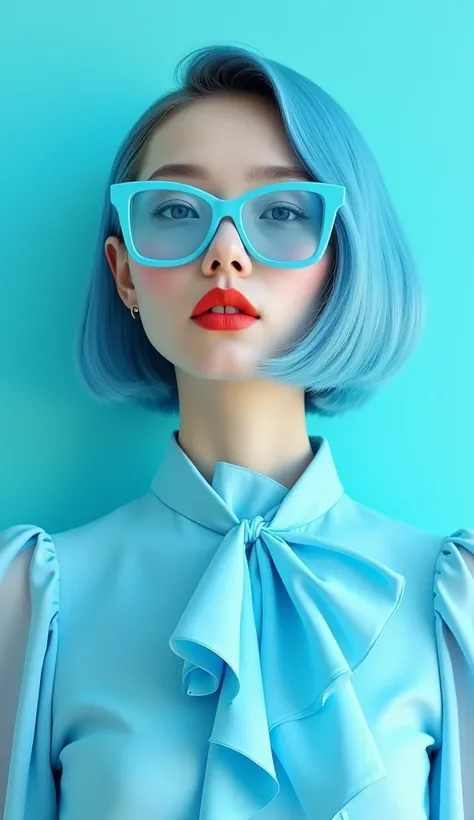 A stylish young woman is depicted with a striking and modern aesthetic. She has a sleek bob haircut in a vibrant pastel blue color, parted slightly to one side. Her skin is smooth and fair, with bold red lips adding a pop of contrast. Her eyes are framed b...