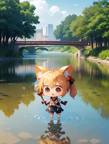 masterpiece，((The city reflected on the surface of the water))，cute，Chibi character，Baby kitsune，Standing by the water，