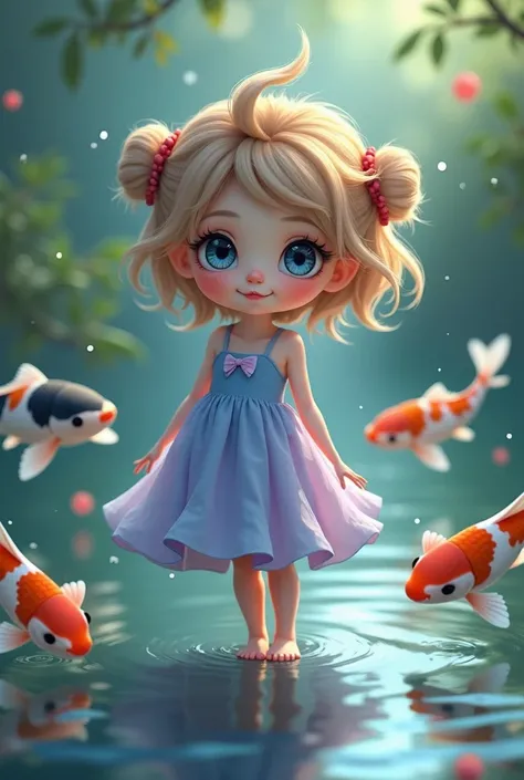 a girl mix with black and white blue eyes, light brown hair, a chubby body, a blue and purple dress on a pond with Koi fish