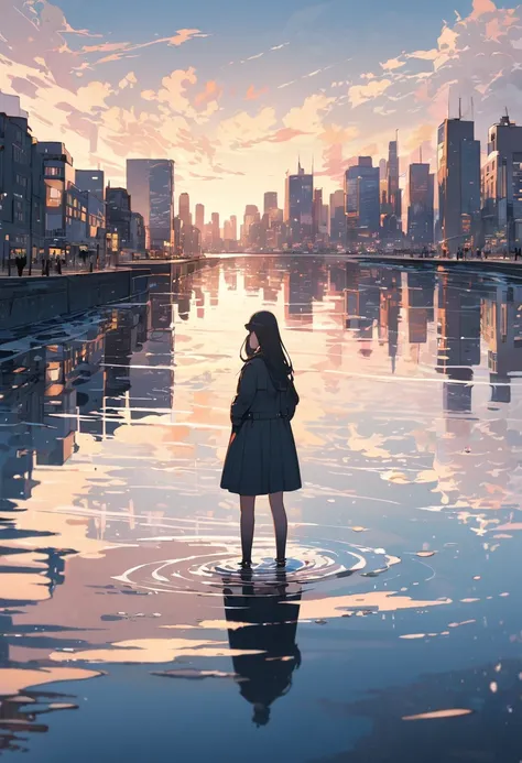 Girl looking at the city reflected on the surface of the water from a distance