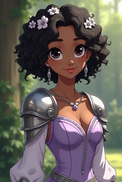  a dark-skinned Amazon woman ,  full lips , black colored eyes,  short curly black hair with small thick curls,  white flowers and silver ornaments ,  in the hair, flat nose,  light purple dress with silver armor , white boots, elegant pose de pé olhando p...