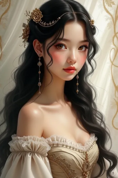 a noble girl who has long black hair that is styled, and hazel eyes. she wears an elegant dress.