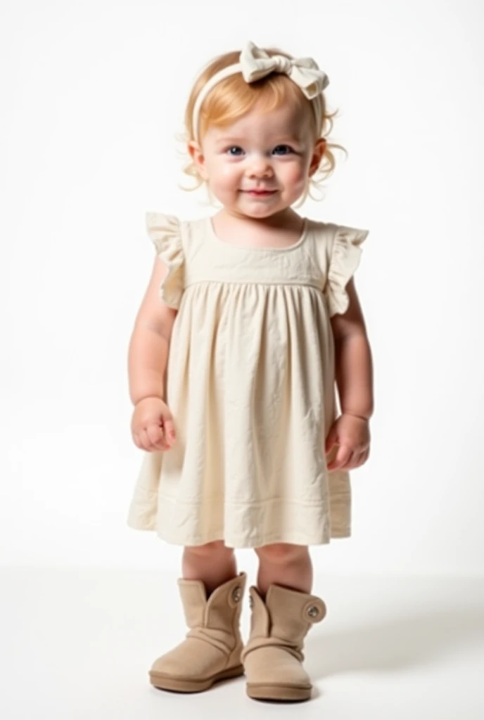 12-month-old baby ,  blonde hair and headband , shes wearing dress and boots, she is standing, looking forward at the photo . The background of the photo is white.