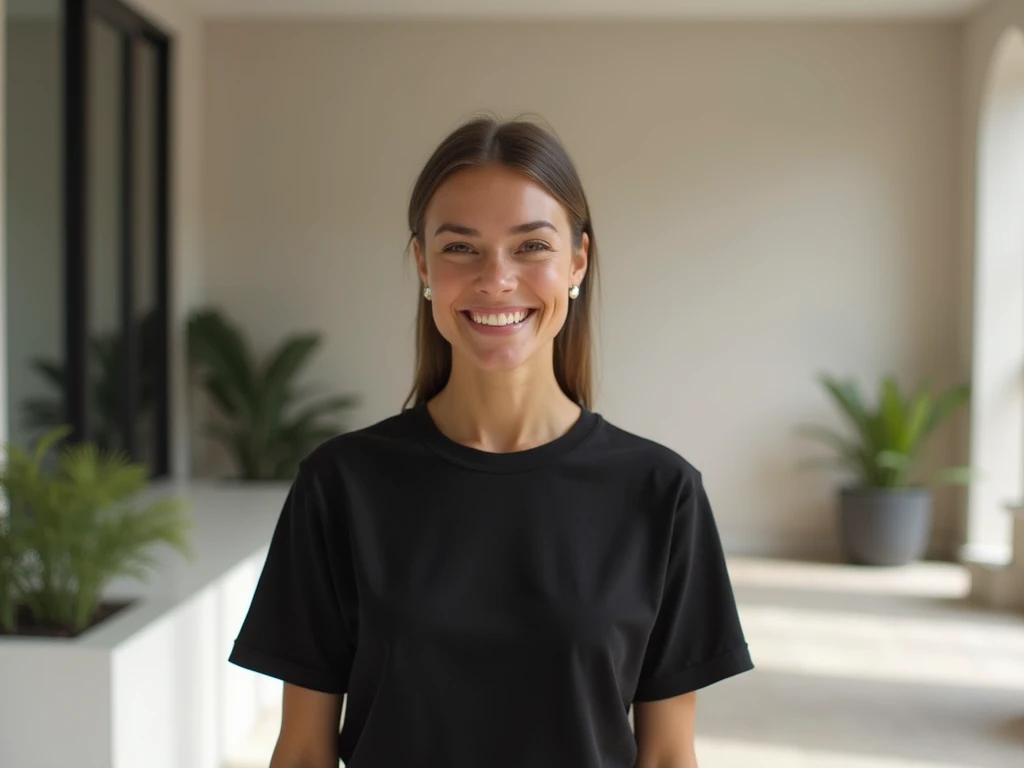 
 A wide and minimalist scene , where a beautiful woman ,  dressed in an elegant black t-shirt ,  smiles while standing in a modern and clean space .  The background shows a contemporary architectural design with smooth walls in neutral tones ,  large wind...