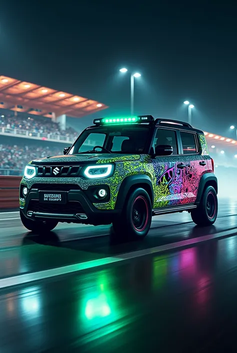 Suzuki Sidekick dark gray with a print of phosphorescent colors that stand out for a car race
