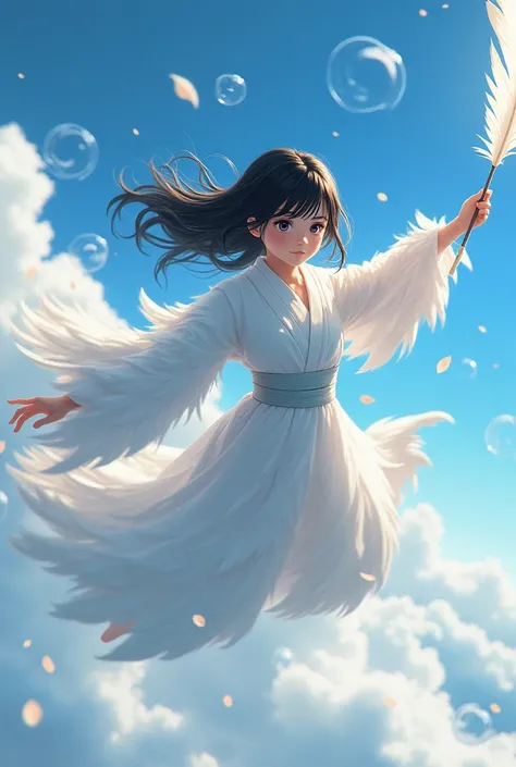 ((Top Quality)), ((Excellent)), (Details), ((Ninja)), ((Large White Feather Robe)), Black Hair, (Young Face), ((Straight Hair)), Medium Bust, ((Close Up)), ((Black Eyes)), ((Autumn)), Natural Light, Outdoors, Direct Sunlight, (Flying), Clear Skies, Fantast...