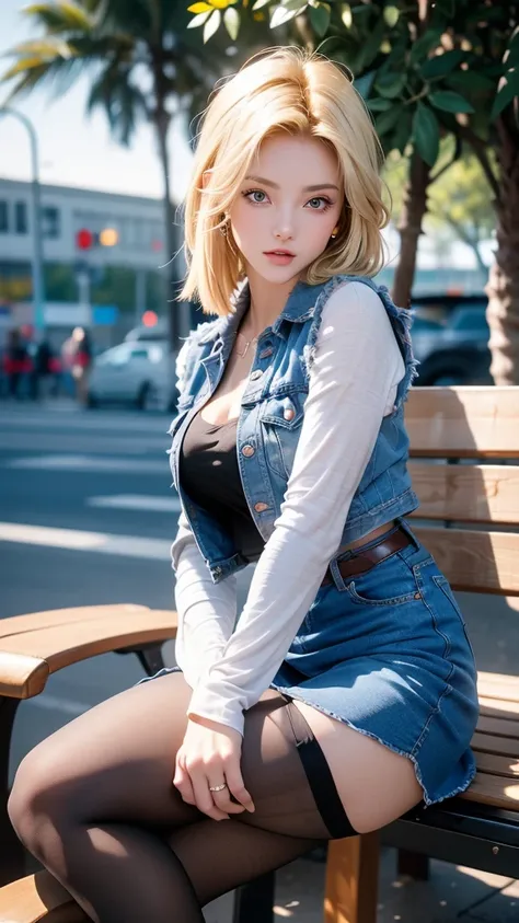 One girl,  Android 18, Blonde,  pretty and sexy girl, She wearing light blonde hair, Medium length shaggy cut hair, She have Very large breasts bouncing, Wearing a very short blue H-line denim skirt, Wearing a medium size of denim vest, The denim skirt and...