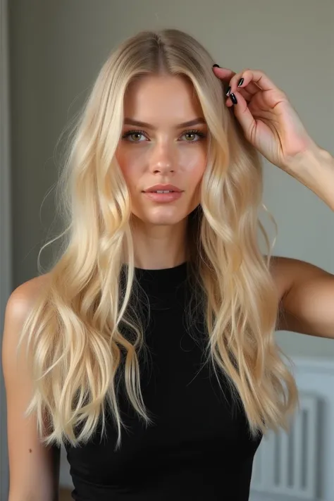 Create an image of a Chanel-haired blonde woman combing her straight hair