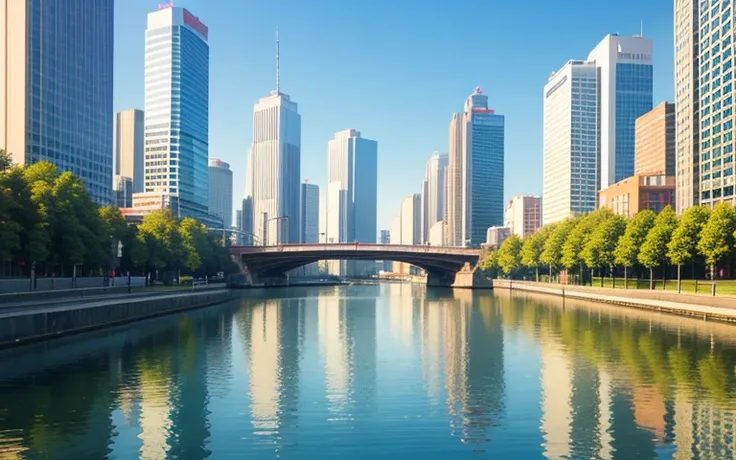 The city reflected on the surface of the water